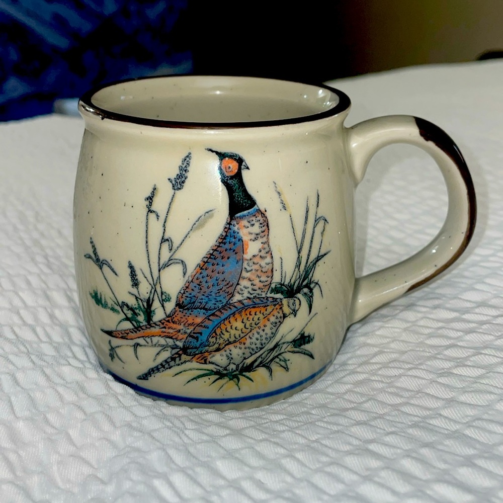 OTAGIRI Pheasants vintage Speckled handpainted Pottery Coffee Mug